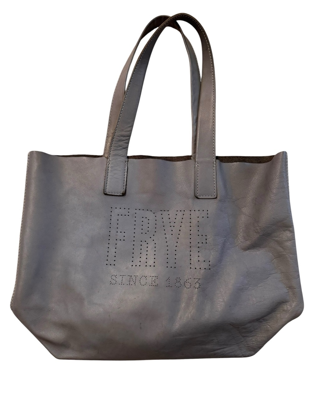 Frye Carson Perforated Logo Gray Leather Tote Large Carryall Work Bag